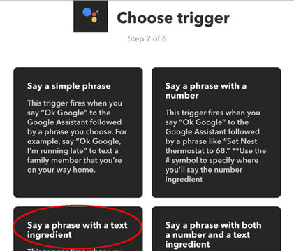 Google Assistant trigger項目選択画面