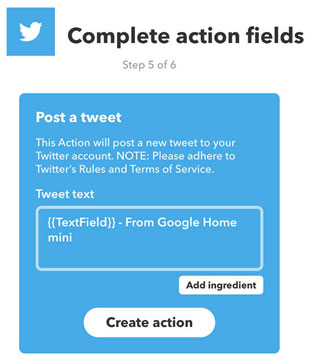 Twitter Action項目設定画面