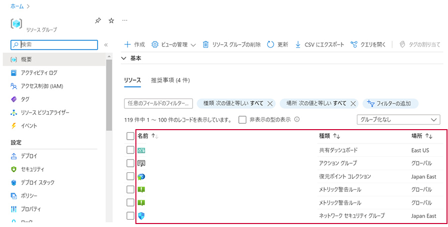 Azureの「リソースグループ」画面