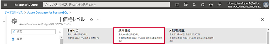 Azure Database for PostgreSQL「価格レベル」 画面