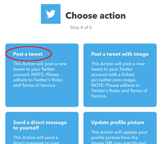 Twitter Action項目選択画面